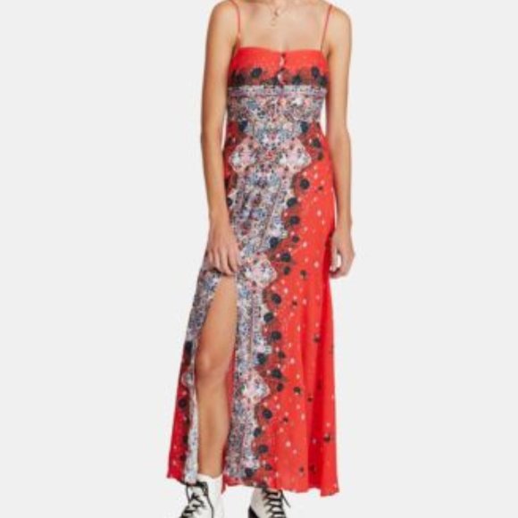 NWT Free People Red-Orange Floral Maxi Sundress Size L - Picture 1 of 8